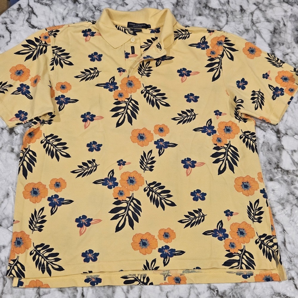 Daniel Cremieux Polo‎ Shirt Mens L Yellow Orange Blue Floral Cotton